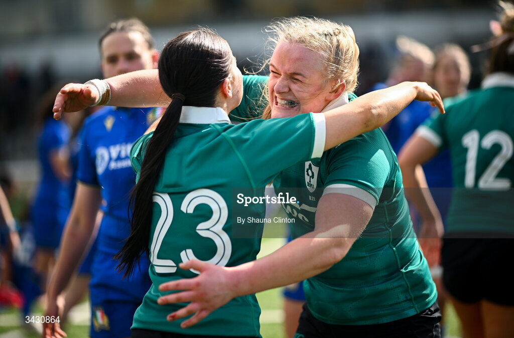 18 April 2026; Emily Foley, left, and Ailish Quinn of Ireland celebrate after the Women's U21 Six Nations Series match between Ireland and Italy at Dexcom Stadium in Galway. Photo by Shauna Clinton/Sportsfile