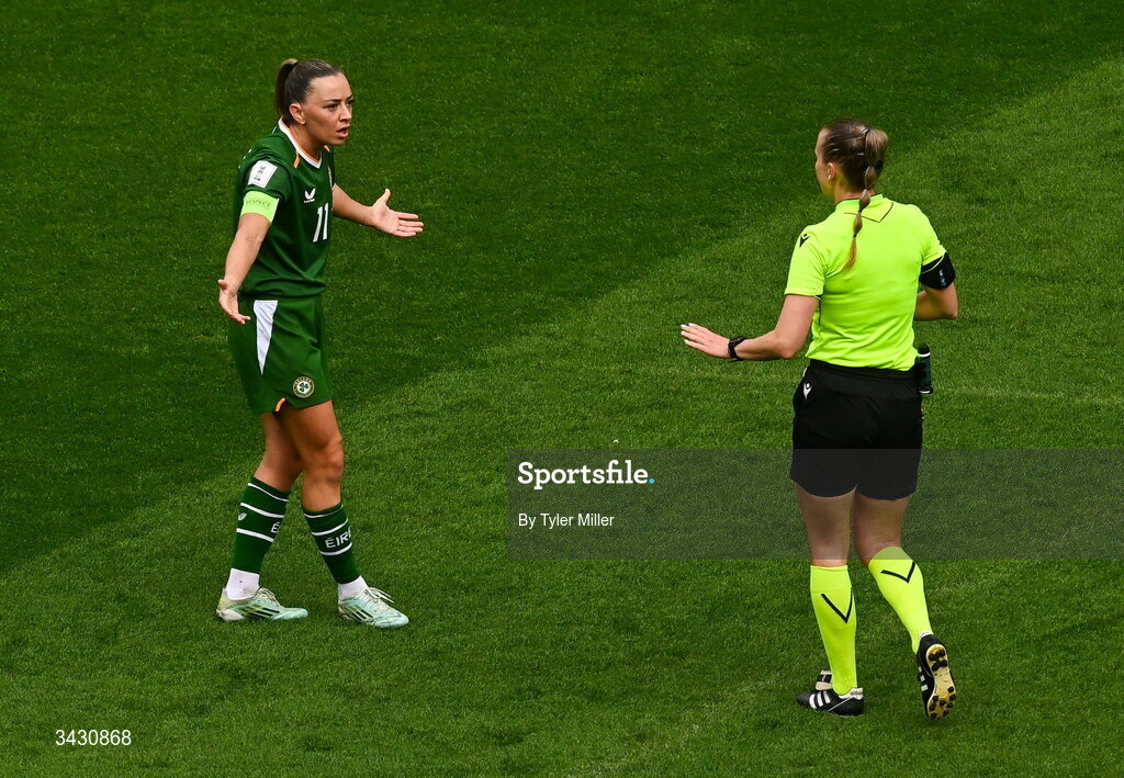 18 April 2026; Katie McCabe of Republic of Ireland and referee Aleksandra Cesen during the 2027 FIFA Women’s World Cup Qualifier match between Republic of Ireland and Poland at the Aviva Stadium in Dublin. Photo by Tyler Miller/Sportsfile