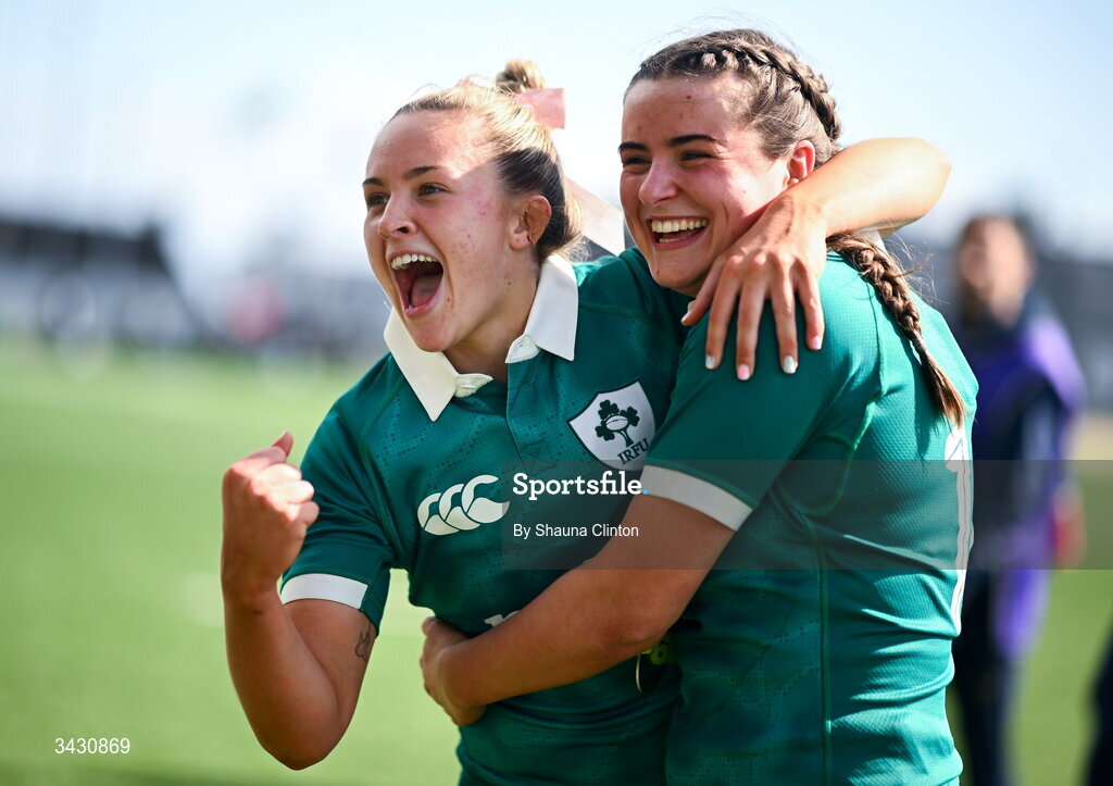 18 April 2026; Lucia Linn, left, and Katie Corrigan of Ireland celebrate after the Women's U21 Six Nations Series match between Ireland and Italy at Dexcom Stadium in Galway. Photo by Shauna Clinton/Sportsfile