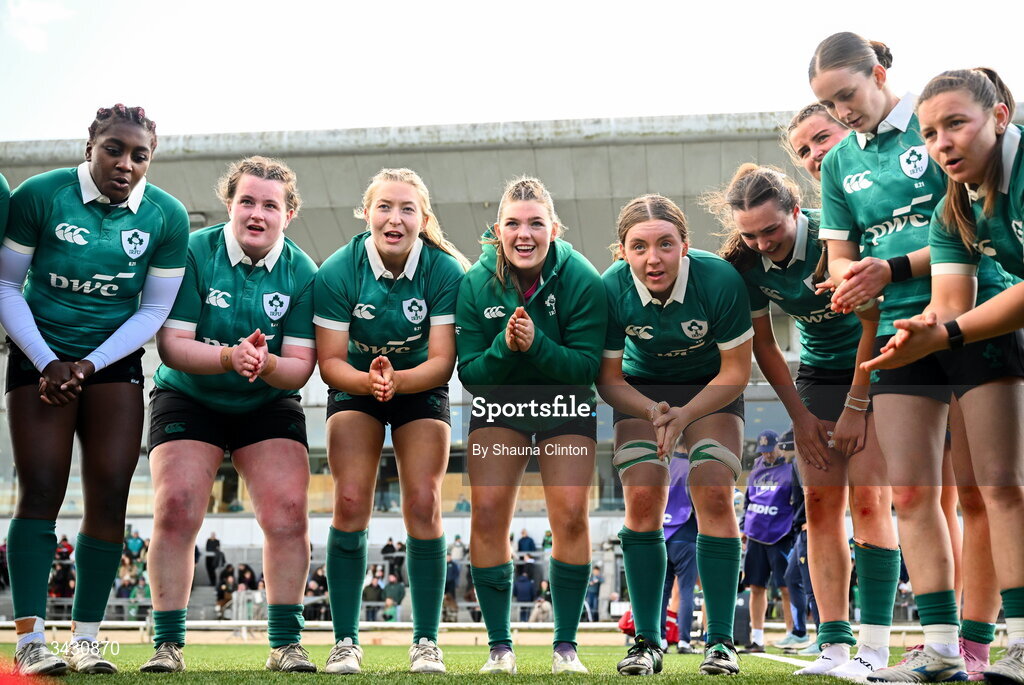 18 April 2026; Ireland players celebrate after the Women's U21 Six Nations Series match between Ireland and Italy at Dexcom Stadium in Galway. Photo by Shauna Clinton/Sportsfile