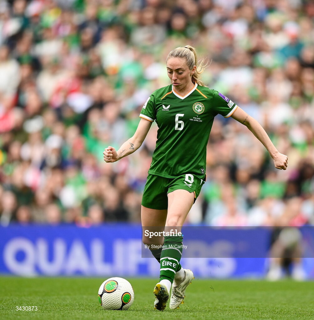 18 April 2026; Megan Connolly of Republic of Ireland during the 2027 FIFA Women’s World Cup Qualifier match between Republic of Ireland and Poland at the Aviva Stadium in Dublin. Photo by Stephen McCarthy/Sportsfile