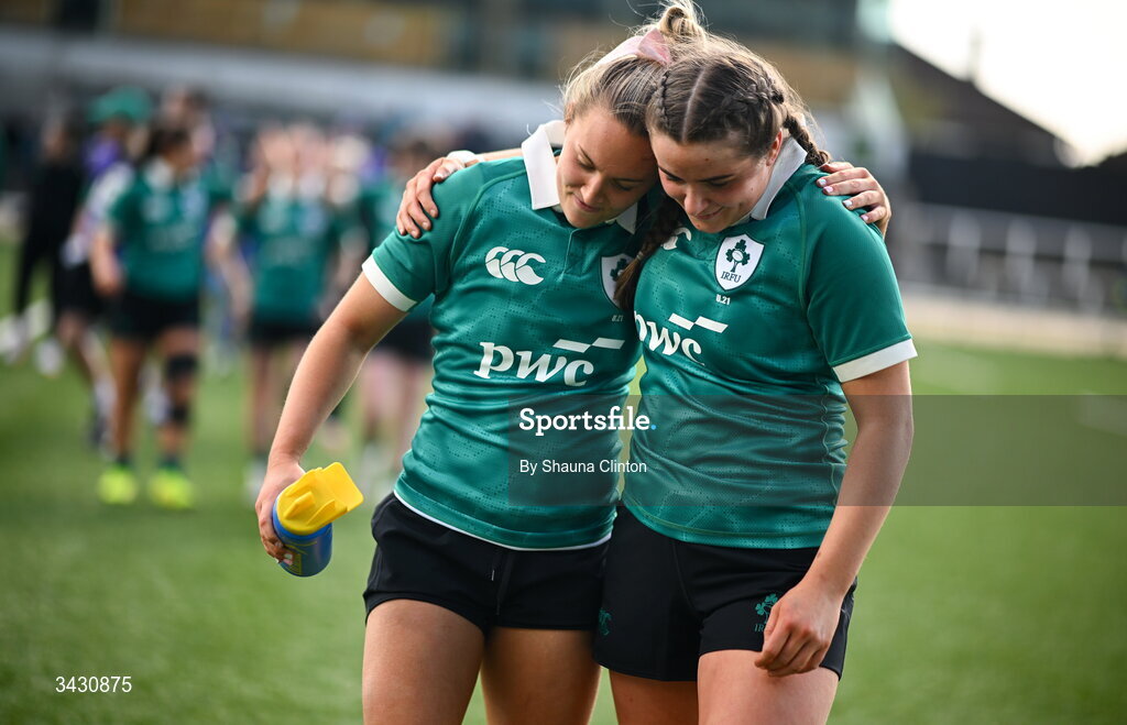 18 April 2026; Lucia Linn, left, and Katie Corrigan of Ireland after the Women's U21 Six Nations Series match between Ireland and Italy at Dexcom Stadium in Galway. Photo by Shauna Clinton/Sportsfile
