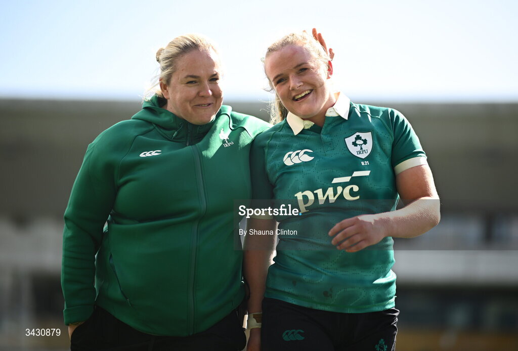 18 April 2026; Ireland head coach Niamh Briggs and Ailish Quinn of Ireland celebrate after the Women's U21 Six Nations Series match between Ireland and Italy at Dexcom Stadium in Galway. Photo by Shauna Clinton/Sportsfile