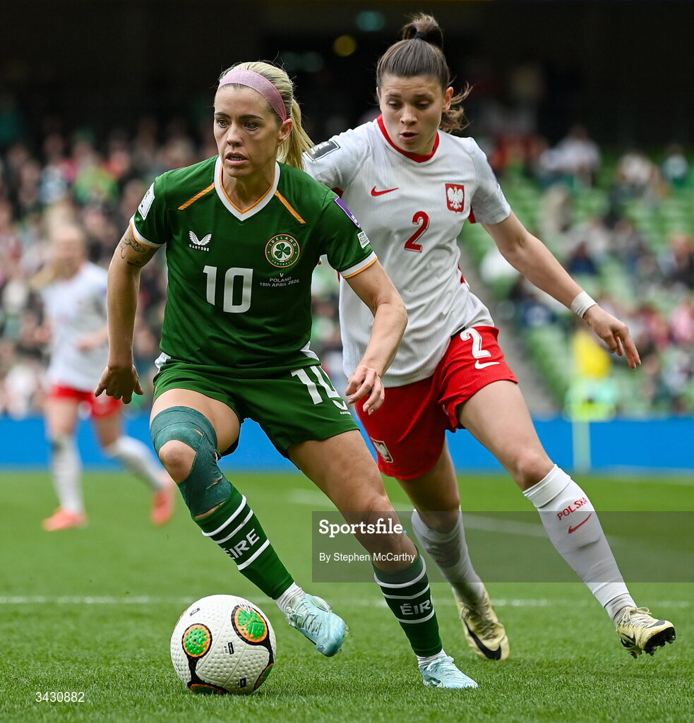 18 April 2026; Denise O'Sullivan of Republic of Ireland in action against Martyna Wiankowska of Poland during the 2027 FIFA Women’s World Cup Qualifier match between Republic of Ireland and Poland at the Aviva Stadium in Dublin. Photo by Stephen McCarthy/Sportsfile