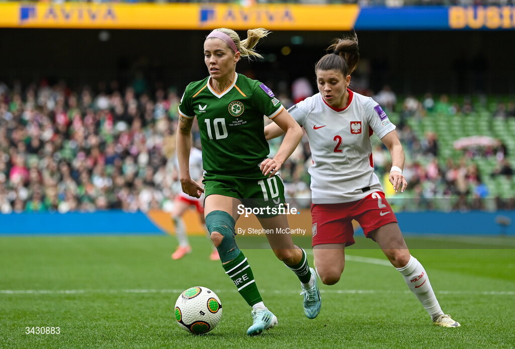 18 April 2026; Denise O'Sullivan of Republic of Ireland in action against Martyna Wiankowska of Poland during the 2027 FIFA Women’s World Cup Qualifier match between Republic of Ireland and Poland at the Aviva Stadium in Dublin. Photo by Stephen McCarthy/Sportsfile