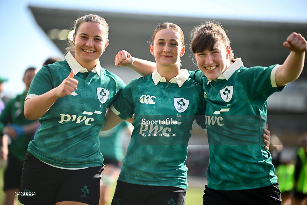 18 April 2026; Ireland players, from left, Sarah Delaney, Ellie O'Sullivan-Sexton and Niamh Gallagher celebrate after the Women's U21 Six Nations Series match between Ireland and Italy at Dexcom Stadium in Galway. Photo by Shauna Clinton/Sportsfile