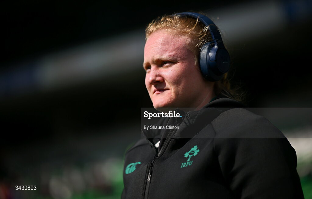 18 April 2026; Aoife Wafer of Ireland walks the pitch before the Women's Six Nations Rugby Championship match between Ireland and Italy at Dexcom Stadium in Galway. Photo by Shauna Clinton/Sportsfile