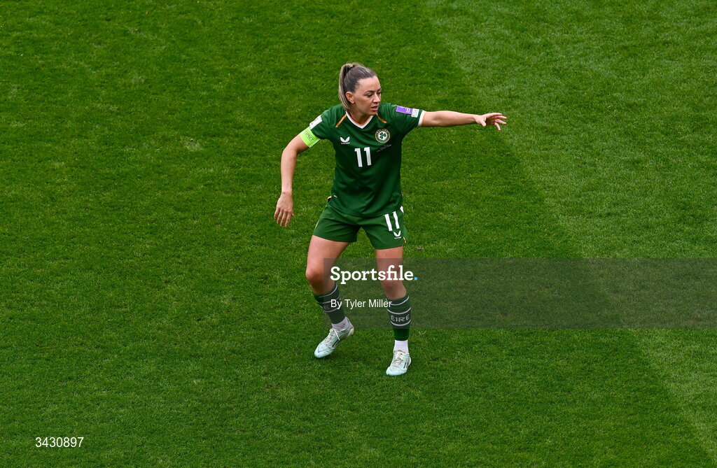 18 April 2026; Katie McCabe of Republic of Ireland during the 2027 FIFA Women’s World Cup Qualifier match between Republic of Ireland and Poland at the Aviva Stadium in Dublin. Photo by Tyler Miller/Sportsfile