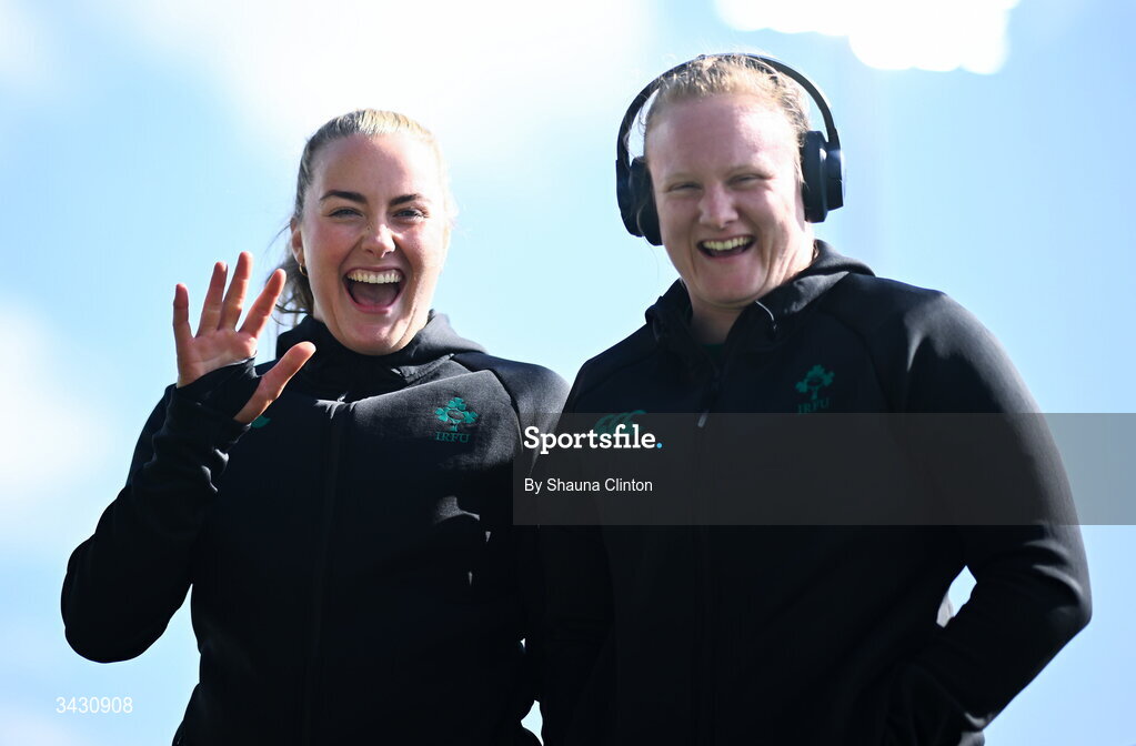 18 April 2026; Fiona Tuite, left, and Aoife Wafer of Ireland walk the pitch before the Women's Six Nations Rugby Championship match between Ireland and Italy at Dexcom Stadium in Galway. Photo by Shauna Clinton/Sportsfile