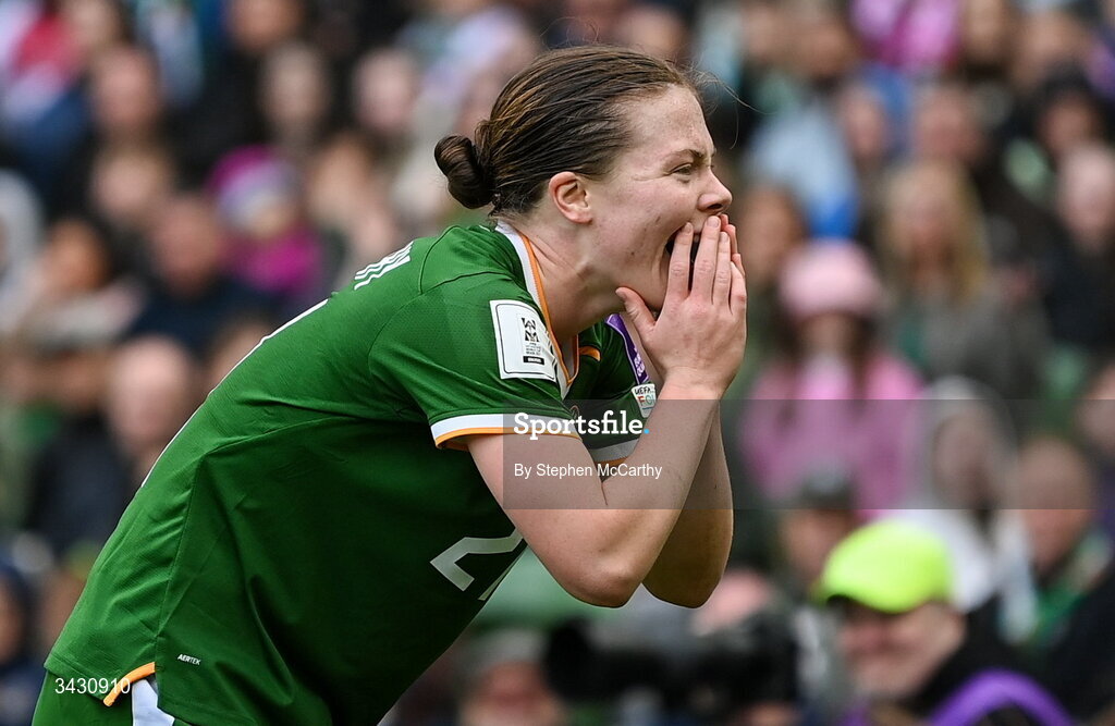 18 April 2026; Emily Murphy of Republic of Ireland reacts to an officials decision during the 2027 FIFA Women’s World Cup Qualifier match between Republic of Ireland and Poland at the Aviva Stadium in Dublin. Photo by Stephen McCarthy/Sportsfile