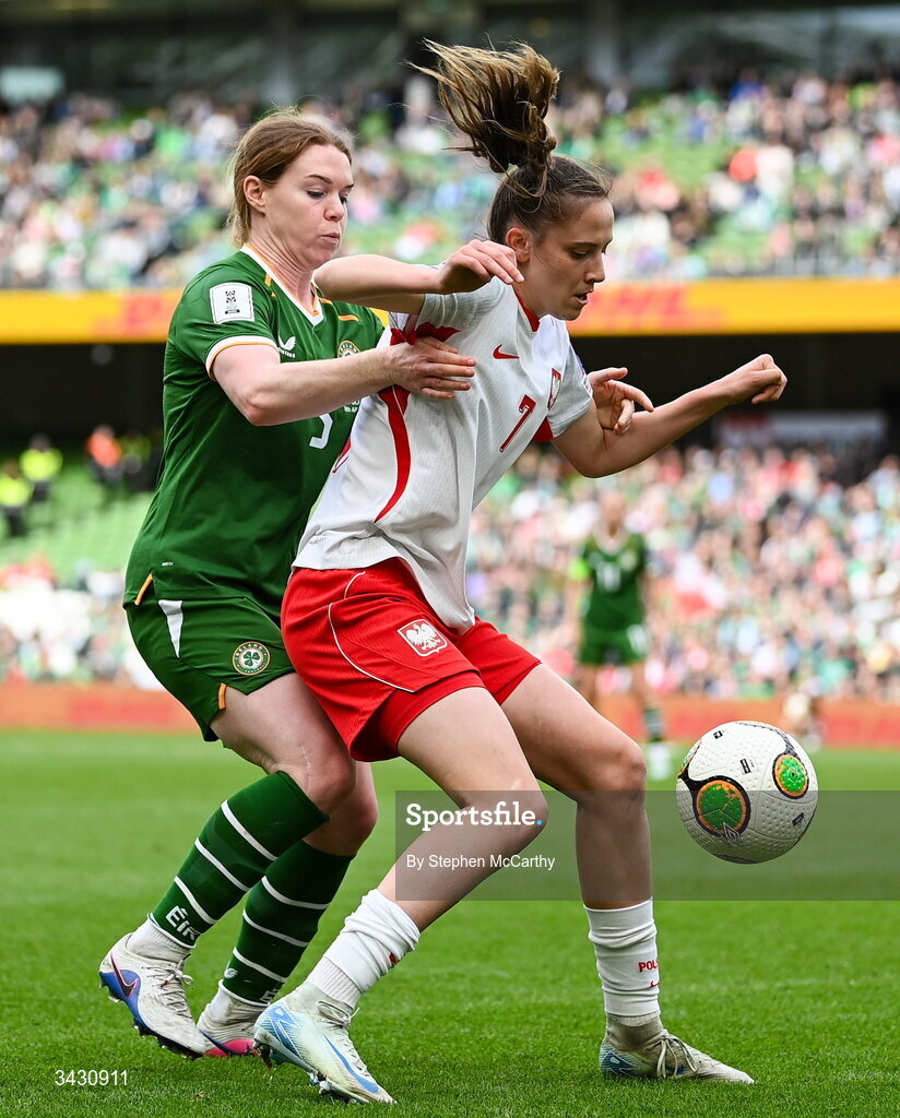 18 April 2026; Patrycja Sarapata of Poland in action against Aoife Mannion of Republic of Ireland during the 2027 FIFA Women’s World Cup Qualifier match between Republic of Ireland and Poland at the Aviva Stadium in Dublin. Photo by Stephen McCarthy/Sportsfile