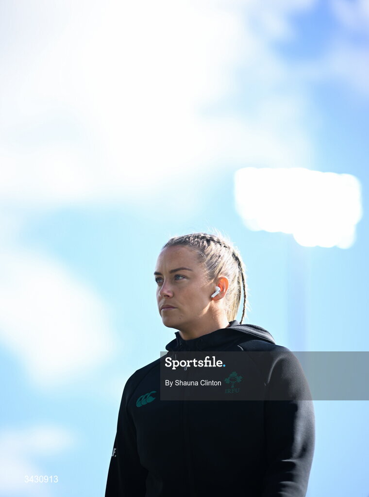 18 April 2026; Stacey Flood of Ireland walks the pitch before the Women's Six Nations Rugby Championship match between Ireland and Italy at Dexcom Stadium in Galway. Photo by Shauna Clinton/Sportsfile