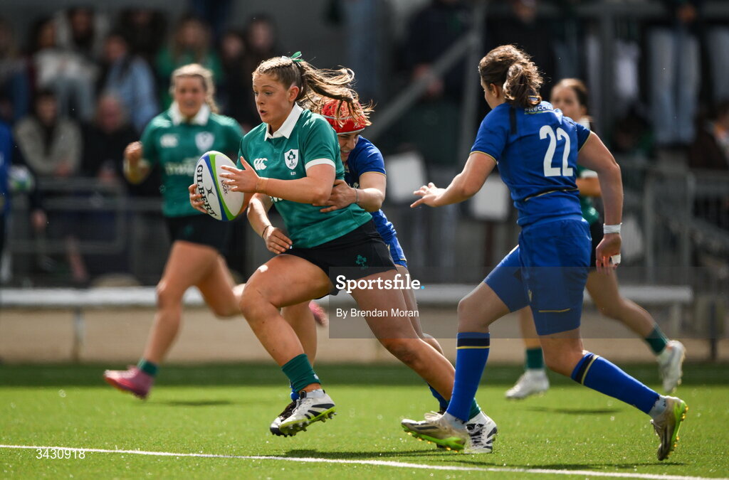 18 April 2026; Síofra Hession of Ireland makes a break during the Women's U21 Six Nations Series match between Ireland and Italy at Dexcom Stadium in Galway. Photo by Brendan Moran/Sportsfile