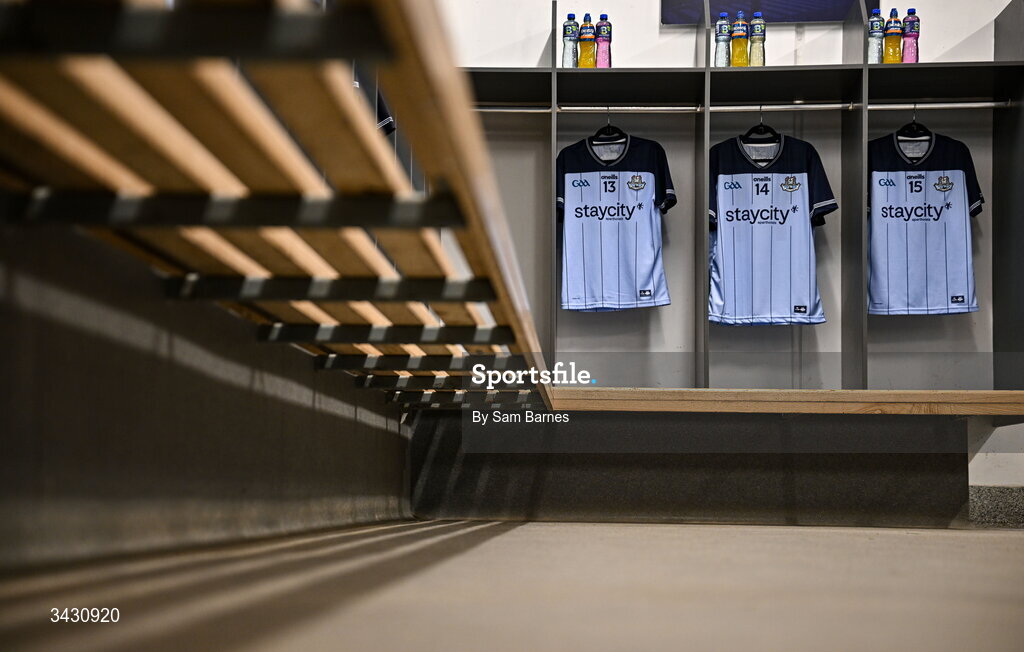 18 April 2026; The jerseys of Dara Purcell, John Hetherton and Cian O'Sullivan hang in the dressing room before the Leinster GAA Senior Hurling Championship Round 1 match between Offaly and Dublin at Glenisk O'Connor Park in Tullamore, Offaly. Photo by Sam Barnes/Sportsfile