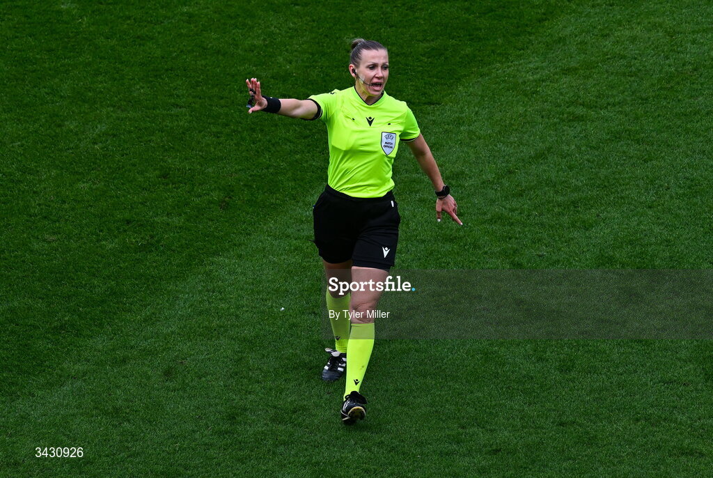 18 April 2026; Referee Aleksandra Cesen during the 2027 FIFA Women’s World Cup Qualifier match between Republic of Ireland and Poland at the Aviva Stadium in Dublin. Photo by Tyler Miller/Sportsfile