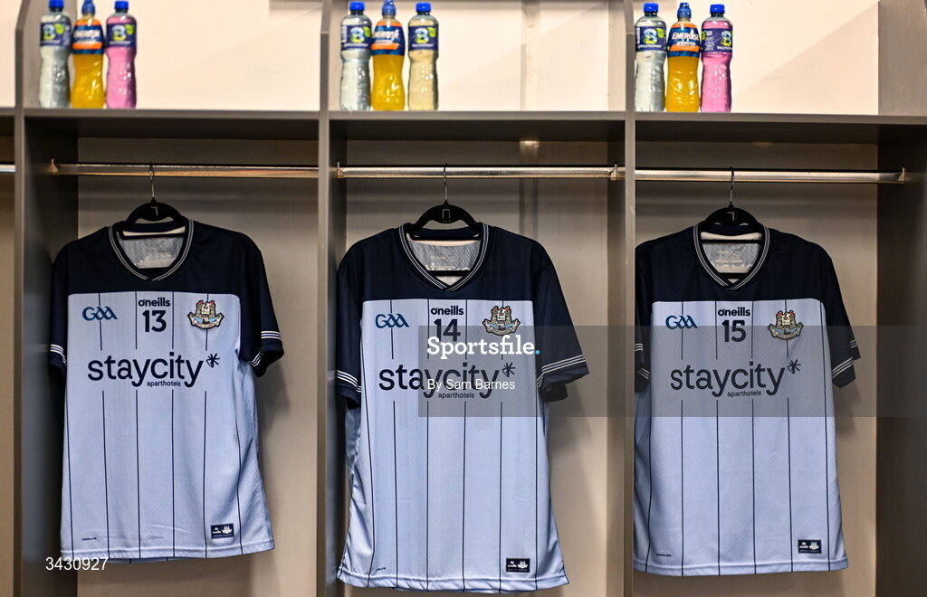 18 April 2026; The jerseys of Dara Purcell, John Hetherton and Cian O'Sullivan hang in the dressing room before the Leinster GAA Senior Hurling Championship Round 1 match between Offaly and Dublin at Glenisk O'Connor Park in Tullamore, Offaly. Photo by Sam Barnes/Sportsfile