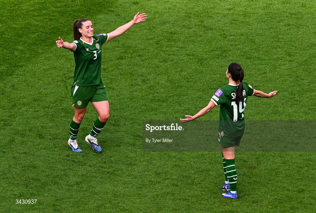 18 April 2026; Chloe Mustaki, left, and Marissa Sheva of Republic of Ireland celebrate after the 2027 FIFA Women’s World Cup Qualifier match between Republic of Ireland and Poland at the Aviva Stadium in Dublin. Photo by Tyler Miller/Sportsfile