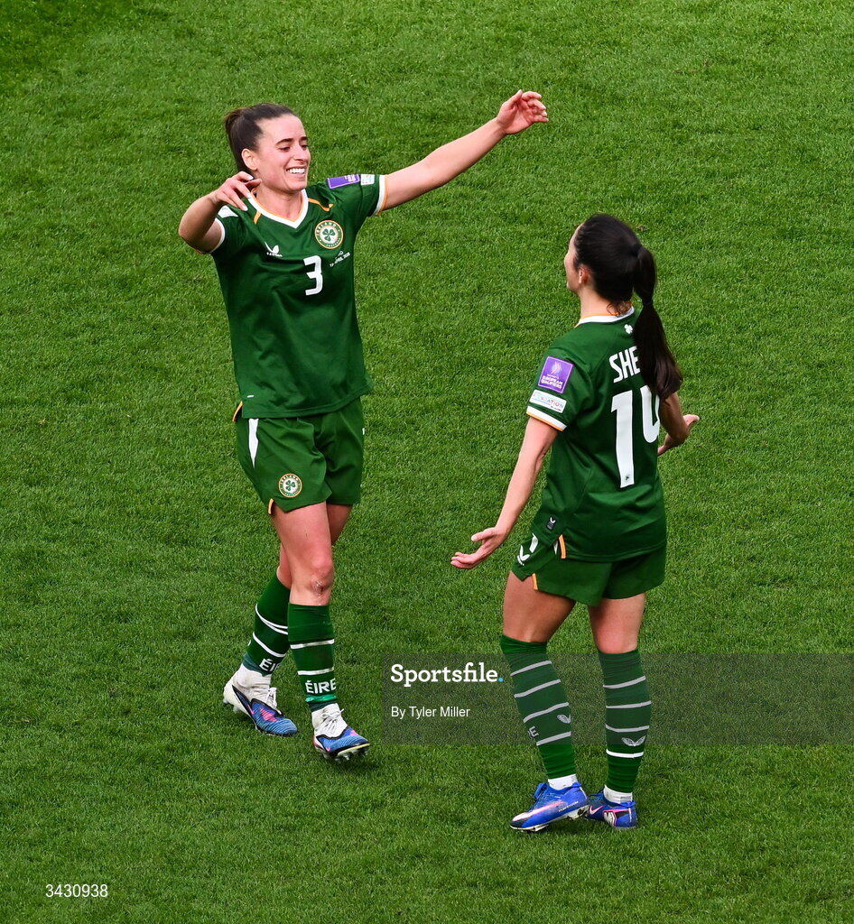 18 April 2026; Chloe Mustaki, left, and Marissa Sheva of Republic of Ireland celebrate after the 2027 FIFA Women’s World Cup Qualifier match between Republic of Ireland and Poland at the Aviva Stadium in Dublin. Photo by Tyler Miller/Sportsfile