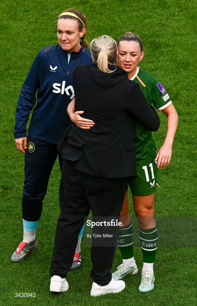 18 April 2026; Katie McCabe and Republic of Ireland head coach Carla Ward embrace after the 2027 FIFA Women’s World Cup Qualifier match between Republic of Ireland and Poland at the Aviva Stadium in Dublin. Photo by Tyler Miller/Sportsfile