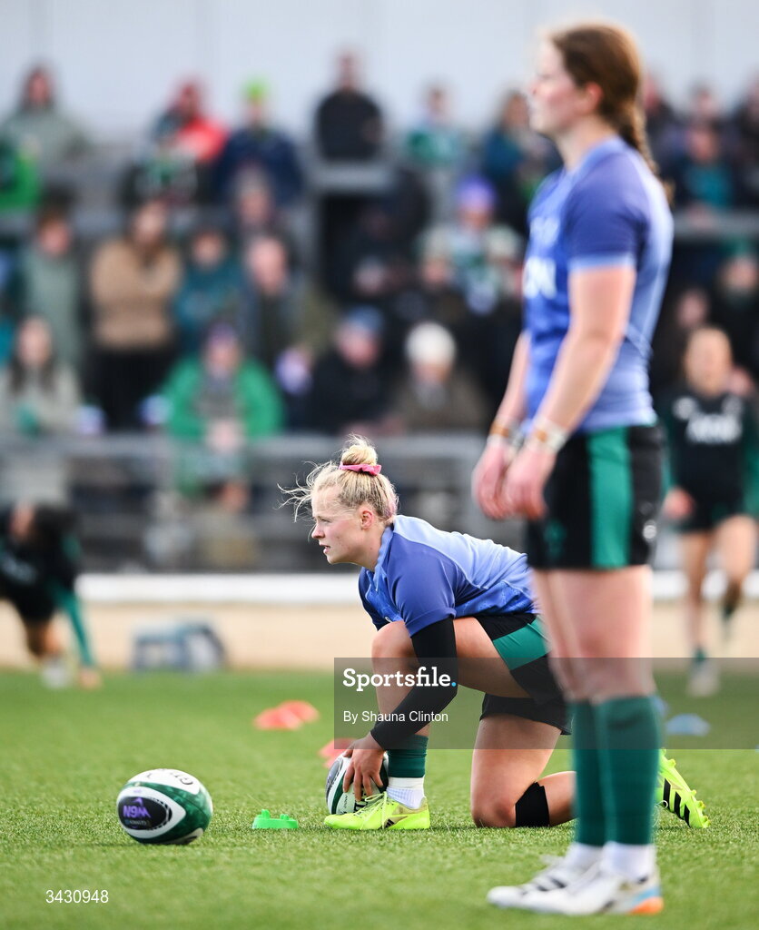 18 April 2026; Dannah O'Brien, left, and Caitríona Finn of Ireland before the Women's Six Nations Rugby Championship match between Ireland and Italy at Dexcom Stadium in Galway. Photo by Shauna Clinton/Sportsfile