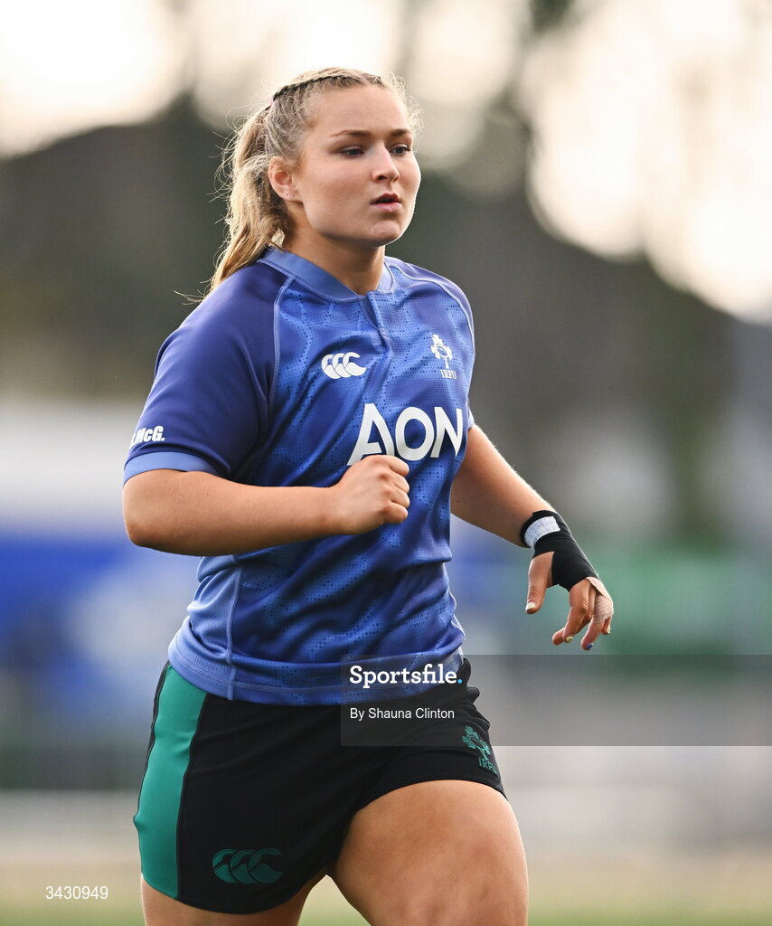 18 April 2026; Sadhbh McGrath of Ireland warms up before the Women's Six Nations Rugby Championship match between Ireland and Italy at Dexcom Stadium in Galway. Photo by Shauna Clinton/Sportsfile