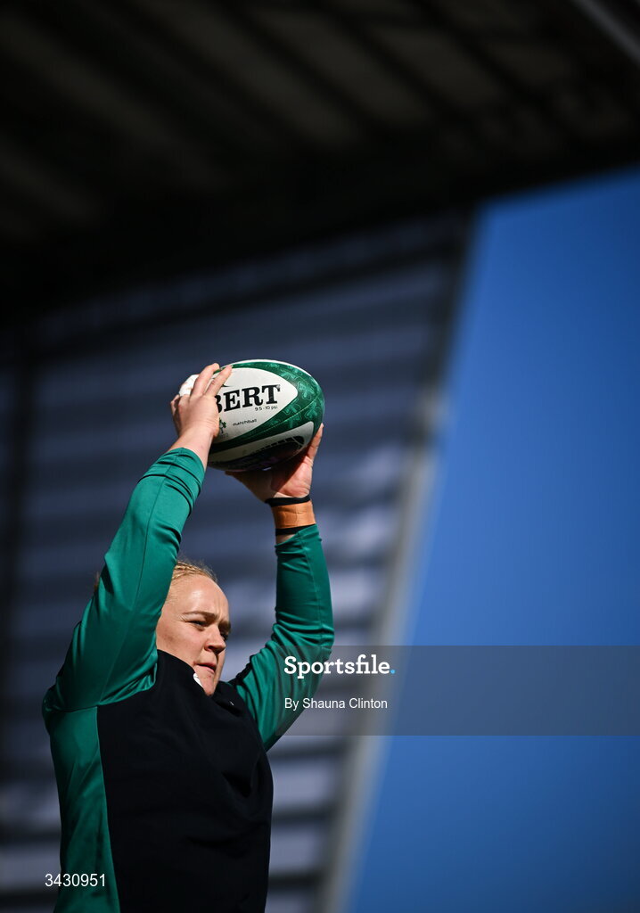 18 April 2026; Clíodhna Moloney-MacDonald of Ireland warms up before the Women's Six Nations Rugby Championship match between Ireland and Italy at Dexcom Stadium in Galway. Photo by Shauna Clinton/Sportsfile
