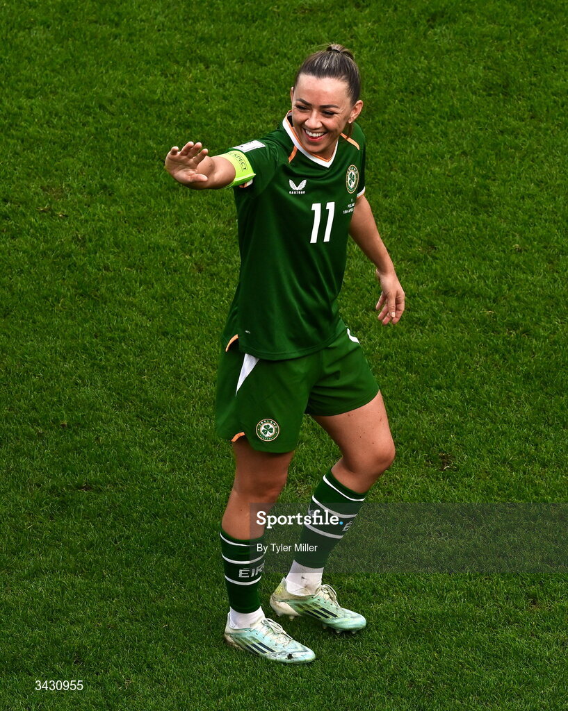18 April 2026; Katie McCabe of Republic of Ireland celebrates after the 2027 FIFA Women’s World Cup Qualifier match between Republic of Ireland and Poland at the Aviva Stadium in Dublin. Photo by Tyler Miller/Sportsfile