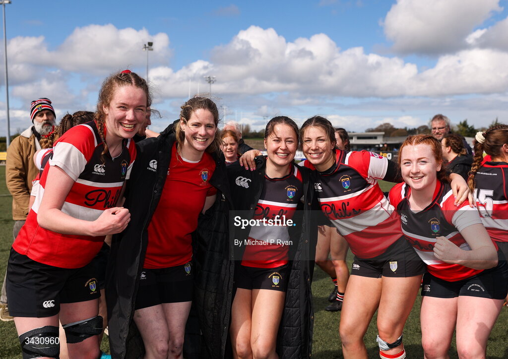 18 April 2026; Wicklow players celebrate after the Energia Women's All-Ireland League Conference final between Galwegians RFC and Wicklow RFC at Mullingar RFC in Mullingar, Westmeath. Photo by Michael P Ryan/Sportsfile
