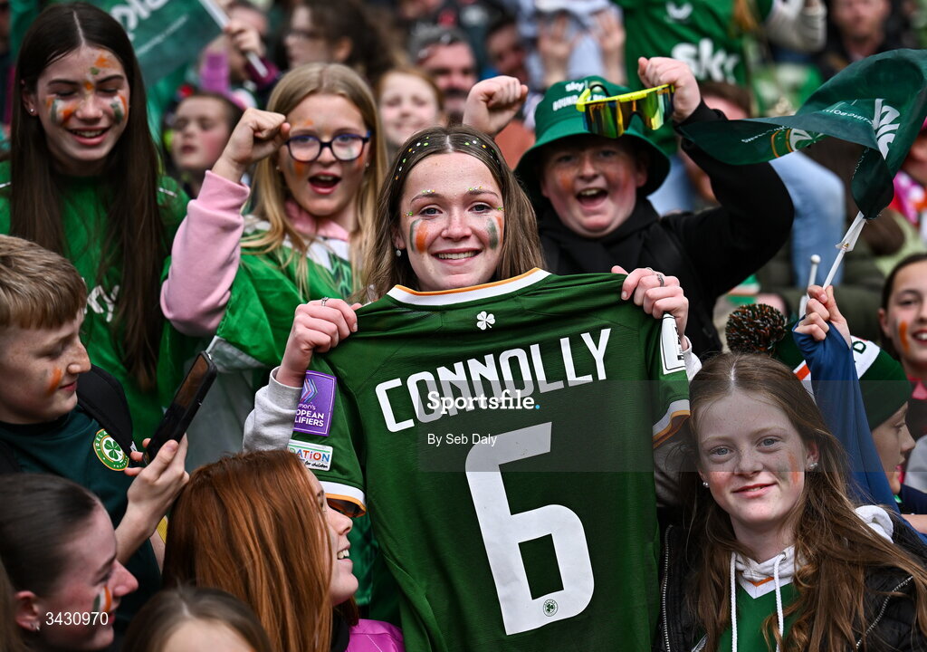 18 April 2026; A young supporter with the jersey of Megan Connolly after the 2027 FIFA Women’s World Cup Qualifier match between Republic of Ireland and Poland at the Aviva Stadium in Dublin. Photo by Seb Daly/Sportsfile