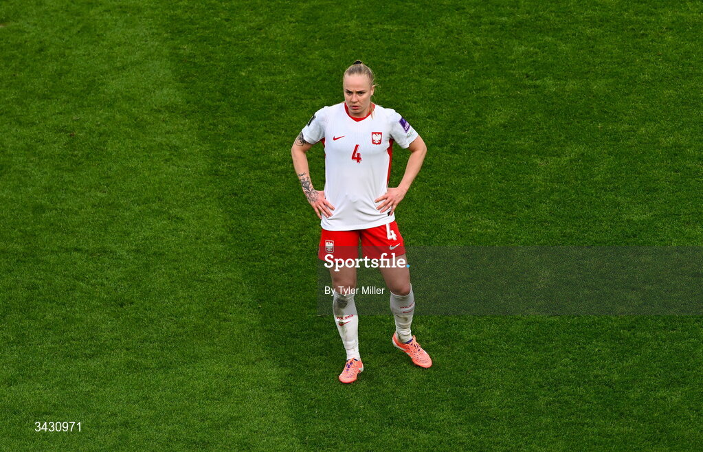 18 April 2026; Paulina Dudek of Poland after her side's defeat in the 2027 FIFA Women’s World Cup Qualifier match between Republic of Ireland and Poland at the Aviva Stadium in Dublin. Photo by Tyler Miller/Sportsfile