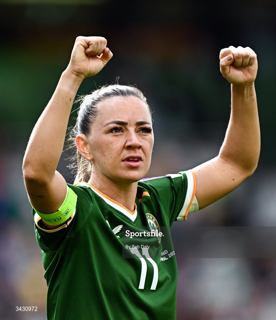 18 April 2026; Katie McCabe of Republic of Ireland celebrates after the 2027 FIFA Women’s World Cup Qualifier match between Republic of Ireland and Poland at the Aviva Stadium in Dublin. Photo by Seb Daly/Sportsfile