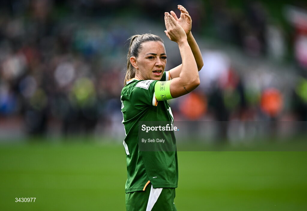 18 April 2026; Katie McCabe of Republic of Ireland after the 2027 FIFA Women’s World Cup Qualifier match between Republic of Ireland and Poland at the Aviva Stadium in Dublin. Photo by Seb Daly/Sportsfile