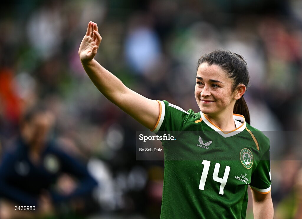 18 April 2026; Marissa Sheva of Republic of Ireland after the 2027 FIFA Women’s World Cup Qualifier match between Republic of Ireland and Poland at the Aviva Stadium in Dublin. Photo by Seb Daly/Sportsfile