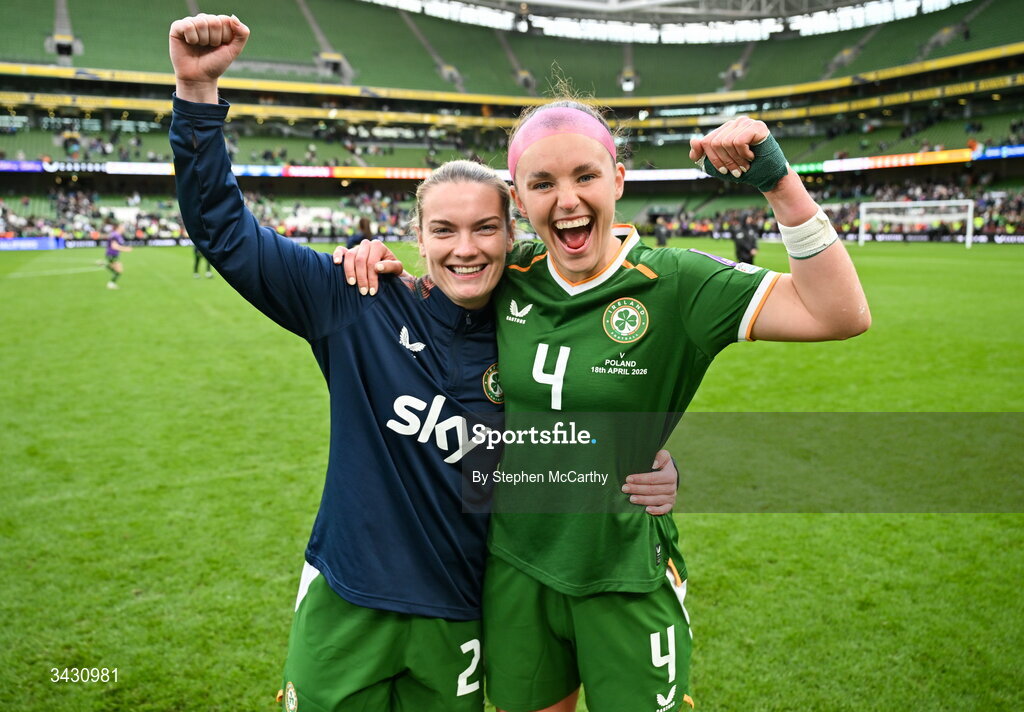 18 April 2026; Saoirse Noonan, left, and Caitlin Hayes of Republic of Ireland celebrate after the 2027 FIFA Women’s World Cup Qualifier match between Republic of Ireland and Poland at the Aviva Stadium in Dublin. Photo by Stephen McCarthy/Sportsfile