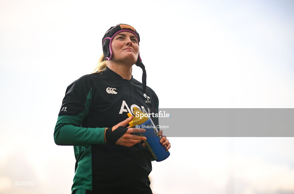 18 April 2026; Fiona Tuite of Ireland warms up before the Women's Six Nations Rugby Championship match between Ireland and Italy at Dexcom Stadium in Galway. Photo by Shauna Clinton/Sportsfile