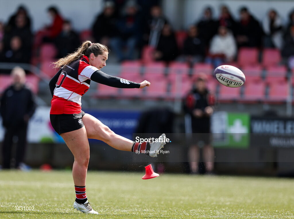 18 April 2026; Beth Roberts of Wicklow kicks a conversion during the Energia Women's All-Ireland League Conference final between Galwegians RFC and Wicklow RFC at Mullingar RFC in Mullingar, Westmeath. Photo by Michael P Ryan/Sportsfile