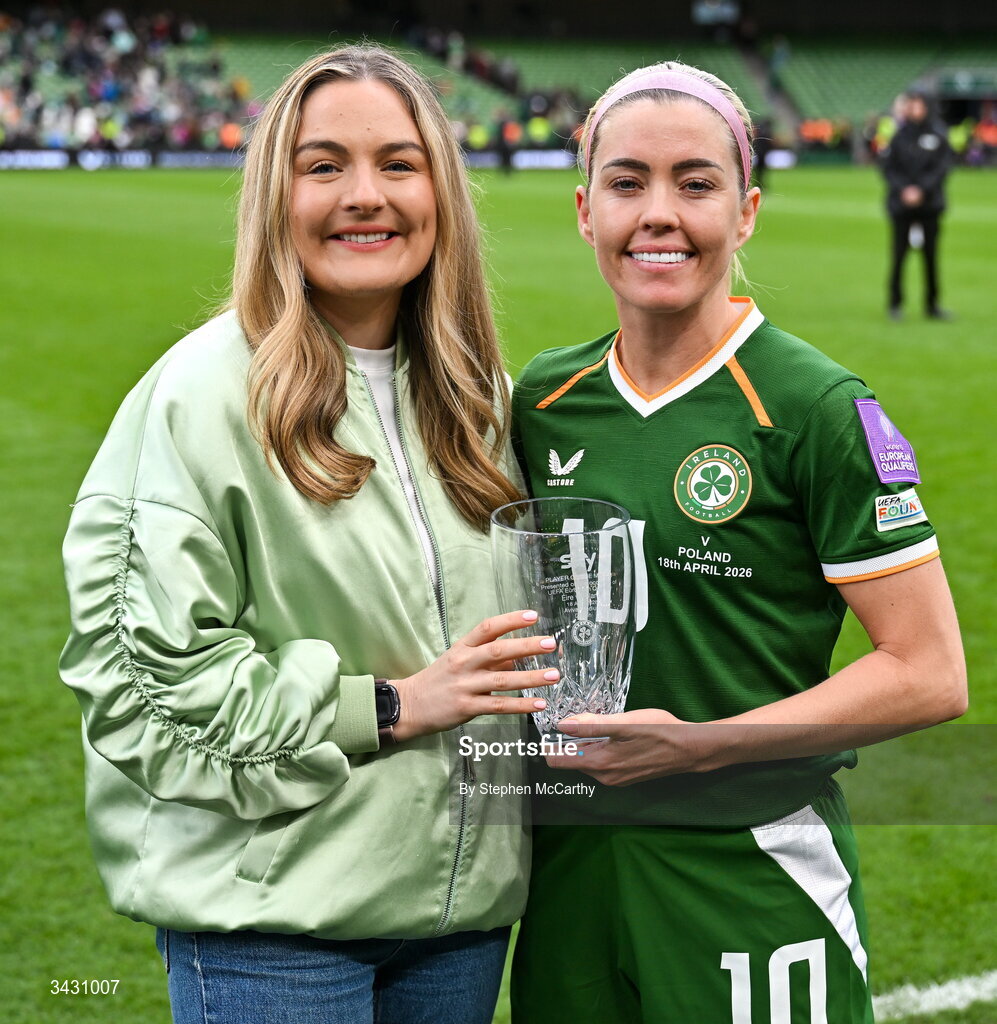 18 April 2026; Louise O'Mahony, Marketing Control at Sky Ireland, presents the Player of the Match award to Denise O'Sullivan of Republic of Ireland during the 2027 FIFA Women’s World Cup Qualifier match between Republic of Ireland and Poland at the Aviva Stadium in Dublin. Photo by Stephen McCarthy/Sportsfile