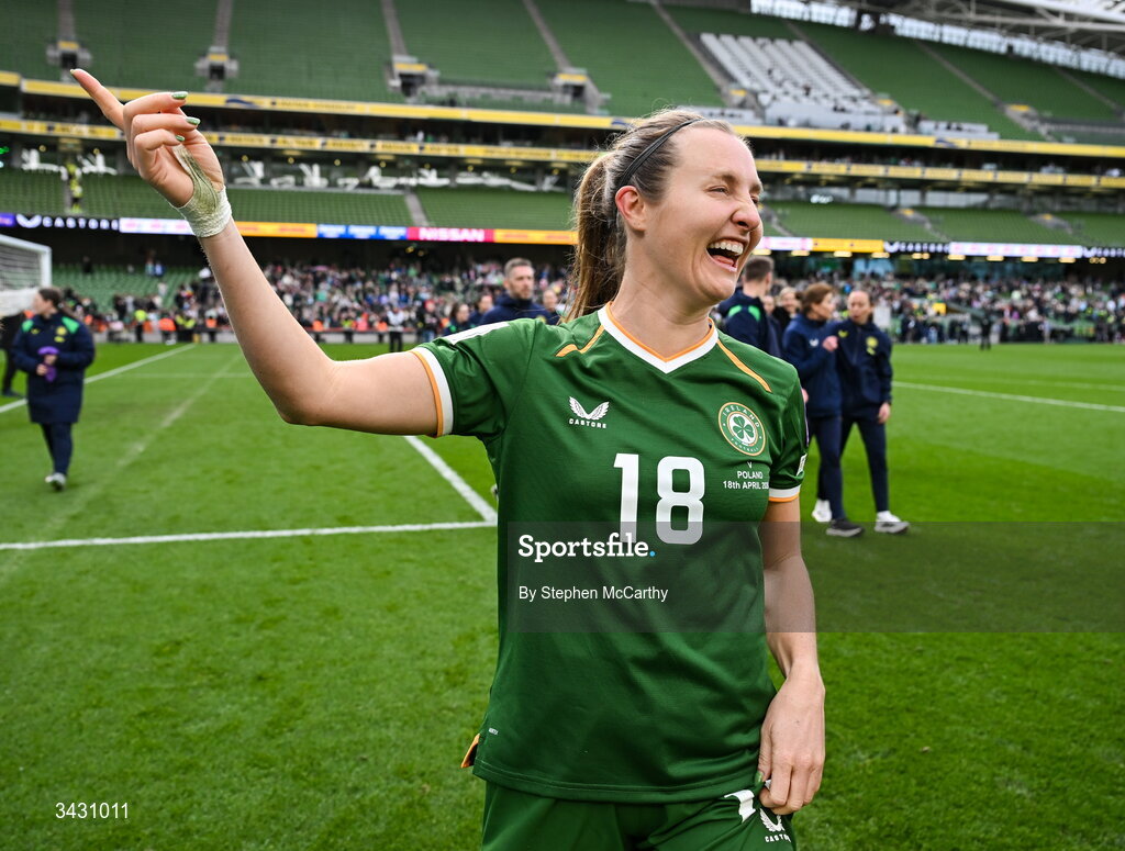 18 April 2026; Kyra Carusa of Republic of Ireland celebrates after the 2027 FIFA Women’s World Cup Qualifier match between Republic of Ireland and Poland at the Aviva Stadium in Dublin. Photo by Stephen McCarthy/Sportsfile