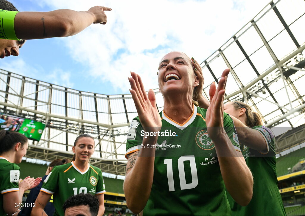 18 April 2026; Denise O'Sullivan of Republic of Ireland with team mates after the 2027 FIFA Women’s World Cup Qualifier match between Republic of Ireland and Poland at the Aviva Stadium in Dublin. Photo by Stephen McCarthy/Sportsfile