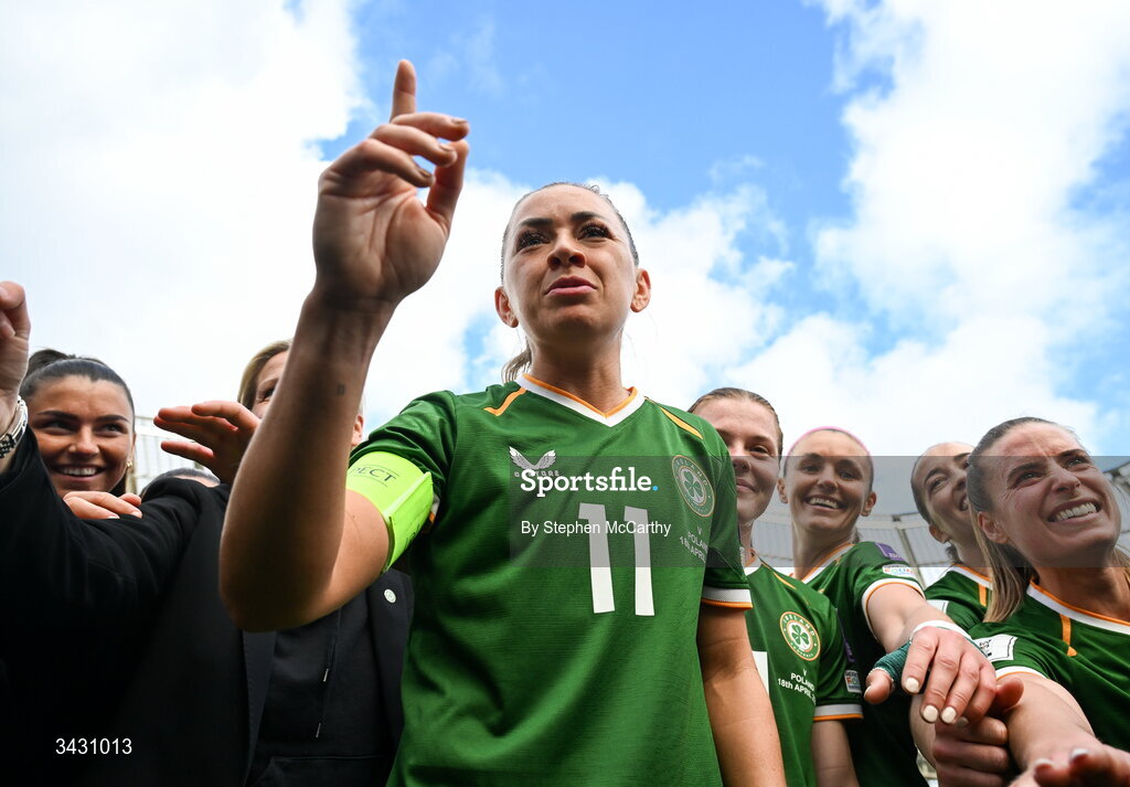 18 April 2026; Katie McCabe of Republic of Ireland with team mates after the 2027 FIFA Women’s World Cup Qualifier match between Republic of Ireland and Poland at the Aviva Stadium in Dublin. Photo by Stephen McCarthy/Sportsfile