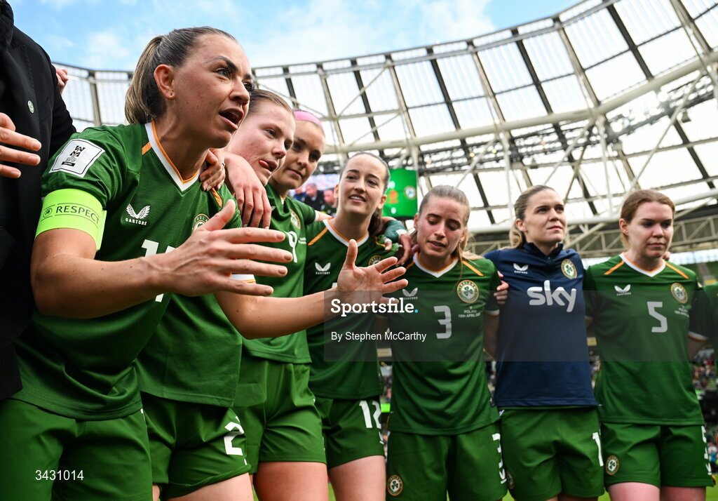 18 April 2026; Katie McCabe of Republic of Ireland with team mates after the 2027 FIFA Women’s World Cup Qualifier match between Republic of Ireland and Poland at the Aviva Stadium in Dublin. Photo by Stephen McCarthy/Sportsfile