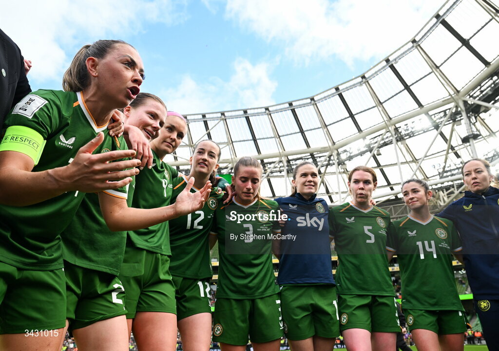18 April 2026; Katie McCabe of Republic of Ireland with team mates after the 2027 FIFA Women’s World Cup Qualifier match between Republic of Ireland and Poland at the Aviva Stadium in Dublin. Photo by Stephen McCarthy/Sportsfile