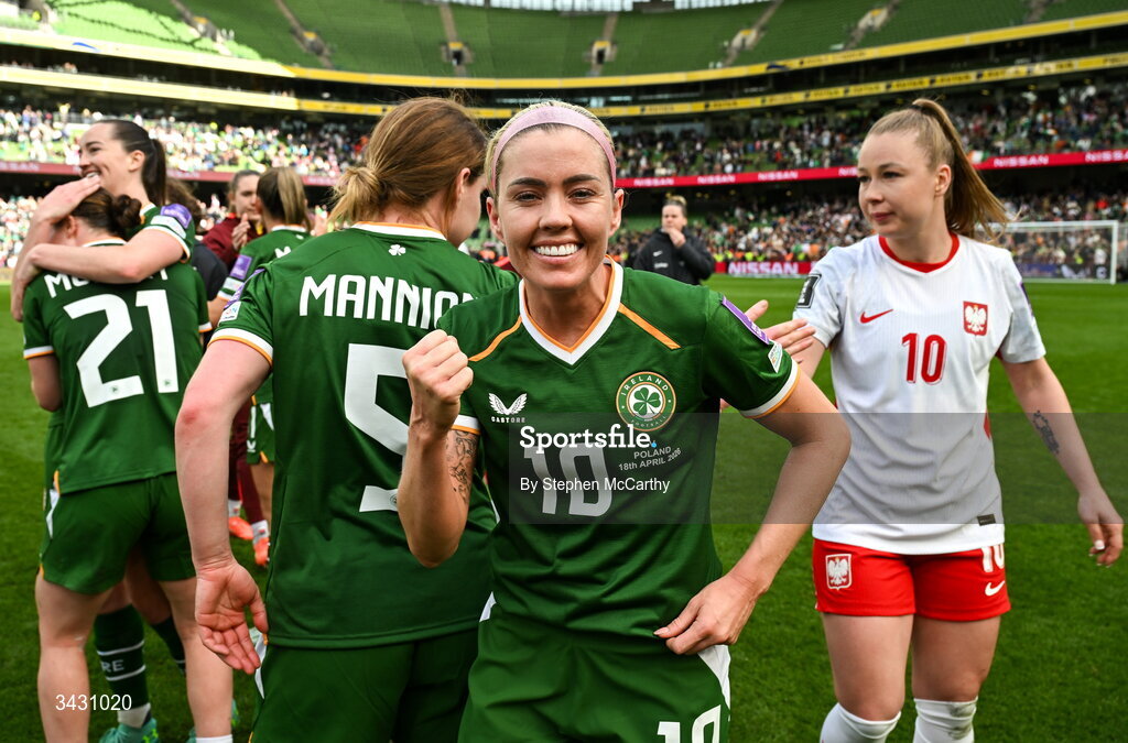18 April 2026; Denise O'Sullivan of Republic of Ireland celebrates after the 2027 FIFA Women’s World Cup Qualifier match between Republic of Ireland and Poland at the Aviva Stadium in Dublin. Photo by Stephen McCarthy/Sportsfile