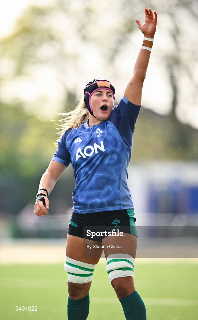 18 April 2026; Fiona Tuite of Ireland warms-up before the Women's Six Nations Rugby Championship match between Ireland and Italy at Dexcom Stadium in Galway. Photo by Shauna Clinton/Sportsfile