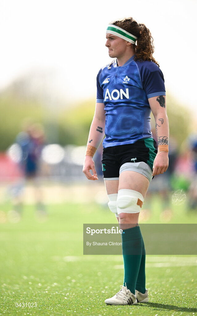 18 April 2026; Ruth Campbell of Ireland warms-up before the Women's Six Nations Rugby Championship match between Ireland and Italy at Dexcom Stadium in Galway. Photo by Shauna Clinton/Sportsfile