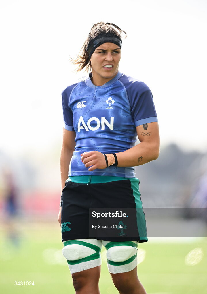 18 April 2026; Erin King of Ireland warms-up before the Women's Six Nations Rugby Championship match between Ireland and Italy at Dexcom Stadium in Galway. Photo by Shauna Clinton/Sportsfile