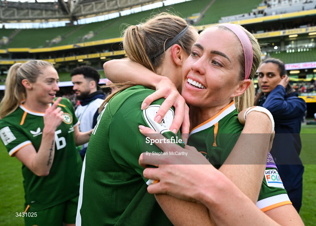 18 April 2026; Denise O'Sullivan of Republic of Ireland, right, celebrates with Kyra Carusa after the 2027 FIFA Women’s World Cup Qualifier match between Republic of Ireland and Poland at the Aviva Stadium in Dublin. Photo by Stephen McCarthy/Sportsfile