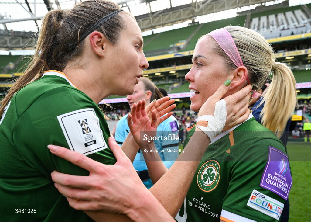 18 April 2026; Denise O'Sullivan of Republic of Ireland, right, celebrates with Kyra Carusa after the 2027 FIFA Women’s World Cup Qualifier match between Republic of Ireland and Poland at the Aviva Stadium in Dublin. Photo by Stephen McCarthy/Sportsfile
