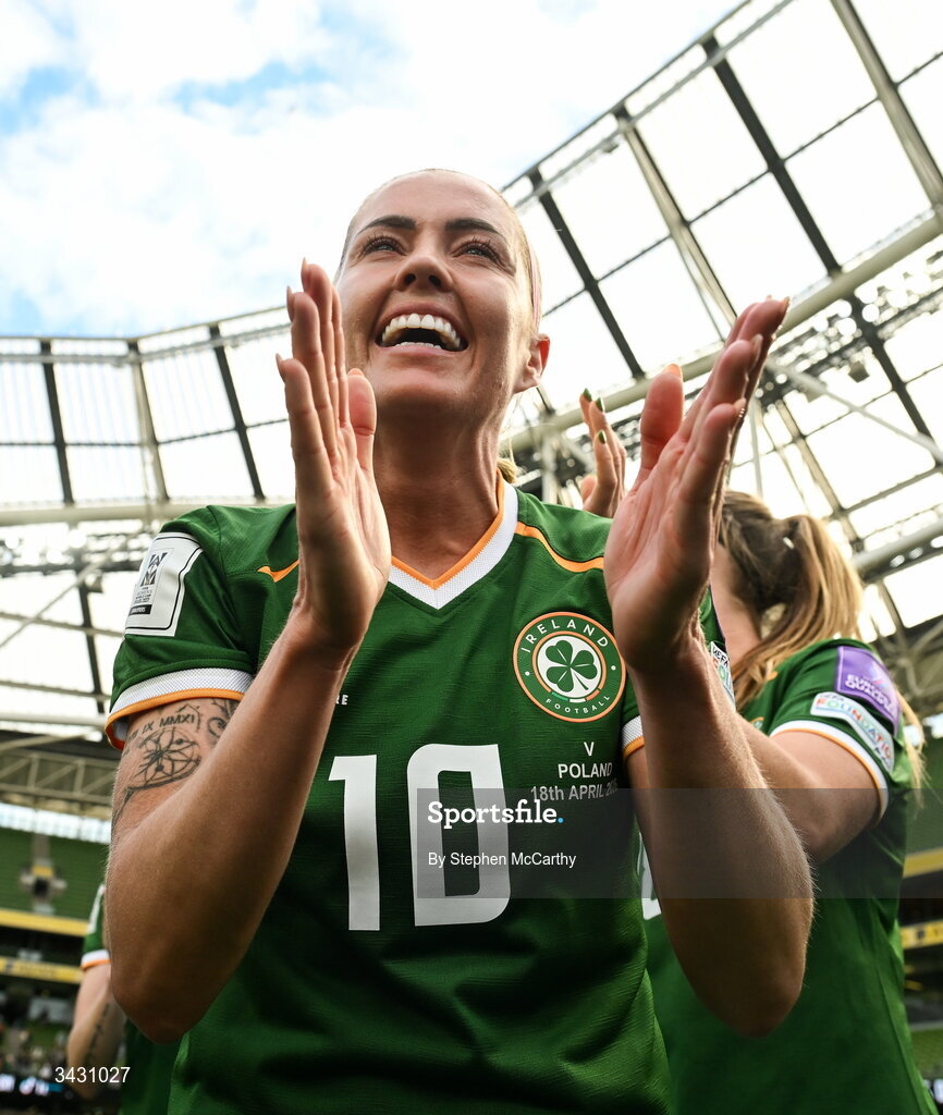 18 April 2026; Denise O'Sullivan of Republic of Ireland celebrates after the 2027 FIFA Women’s World Cup Qualifier match between Republic of Ireland and Poland at the Aviva Stadium in Dublin. Photo by Stephen McCarthy/Sportsfile