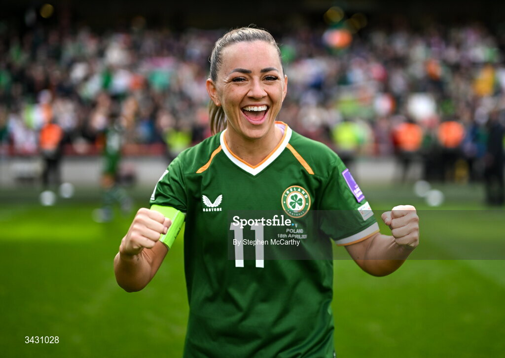 18 April 2026; Katie McCabe of Republic of Ireland celebrates after the 2027 FIFA Women’s World Cup Qualifier match between Republic of Ireland and Poland at the Aviva Stadium in Dublin. Photo by Stephen McCarthy/Sportsfile